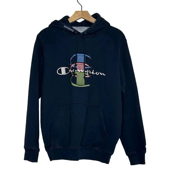 Supreme X Champion FW17 Sweatshirt Blue Stacked Multi Color “C” Hoodie Men’s M‎ - Picture 1 of 7